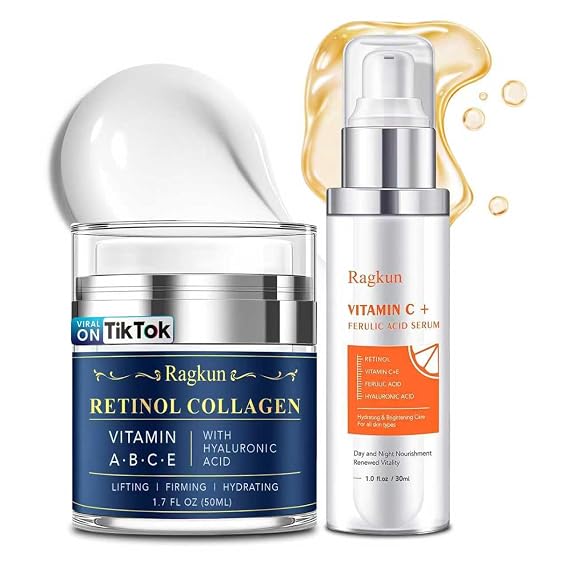 Retinol Cream for Face, Collagen Neck Creams for Tightening and Firming, Anti Aging Day & Night Facial Moisturizer + Super Vitamin C 20% Serum for Women, Dark Spot Remover for Face