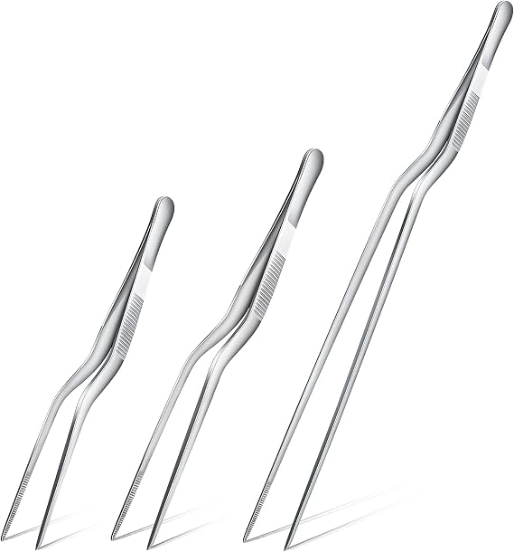 Chumia 3 Pcs Cooking Tweezers Tongs 3 Size Kitchen Stainless Steel Plating Tweezer Set Small Food Handling Tools 6'' 8'' & 12 Inch Flexible Pinching and Non-slip for BBQ Plating Serving