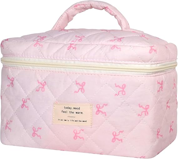 Large Makeup Bag, Cute Cosmetic Bags for Women Girls, Quilted Floral Toiletry Bag, Travel Make Up Organizer Bag