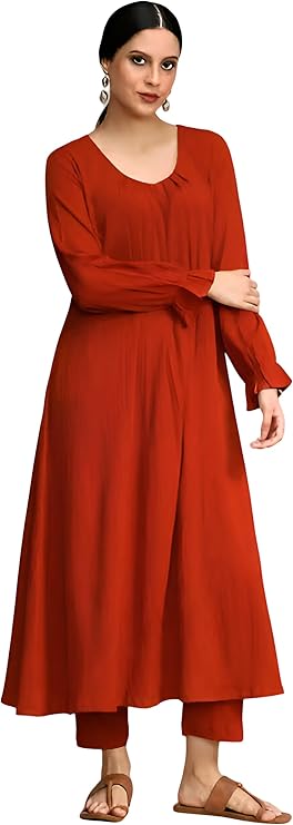 Jaanvi fashion Women Rust Solid Empire Kurta with Trousers Viscose Rayon, V-Neck, Long Puffed Sleeves, Calf Length