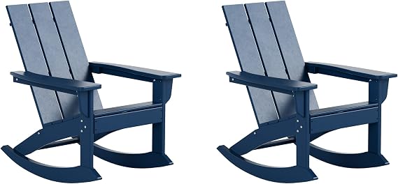 WestinTrends Ashore Patio Rocking Chairs Set of 2, All Weather Poly Lumber Plank Adirondack Rocker Chair, Modern Farmhouse Outdoor Rocking Chairs for Porch Garden Backyard and Indoor, Navy Blue