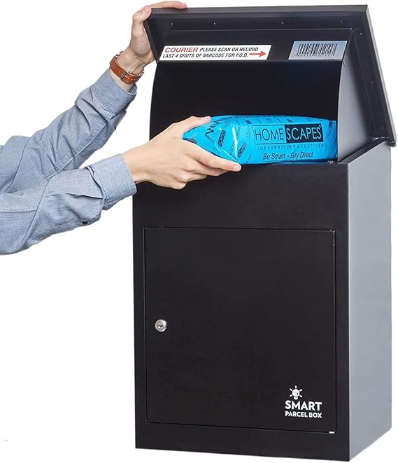 SMART PARCEL BOX Wall Mounted Parcel Box Outdoor, Medium Black Delivery Box, Secure, Durable Galvanised Steel Weatherproof, Lockable For Post, Multiple Letters & Large Package Drop