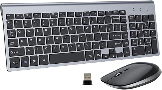 FENIFOX Keyboard and Mouse Wireless, Slim Flat for Laptop PC Black Grey | Silent Quiet, Low Profile Thin, 14.5 Inch Portable Full Size, with 10 Key, 2.4G USB, Home Office, Windows Laptop Computer