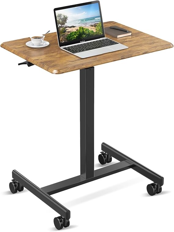 YSSOA Mobile Small Standing Desk - Rolling Desk with Adjustable Height and Lockable Wheels, Sit-Stand Laptop Table, Portable Computer Workstation, Brown