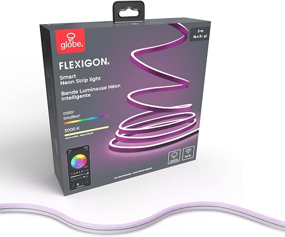 Globe Electric 50273 Wi-Fi Smart Flexigon Multicolor Changing RGB LED Plug-in Outdoor Indoor Neon Strip Light, No Hub Required, Voice Activated, 5 Meters/16.4 Feet, IP65 Rated, 3000 Kelvin