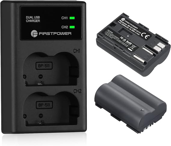 FirstPower BP-511 BP-511a Battery 2-Pack 2200mAh and Dual Charger for Canon | Compatible with Canon EOS 5D 10D 20D 20Da 30D 40D 50D 300D D30 D60 Cameras (NOT for 5D Mark II/III/IV, 5DS/R, 60D Models)