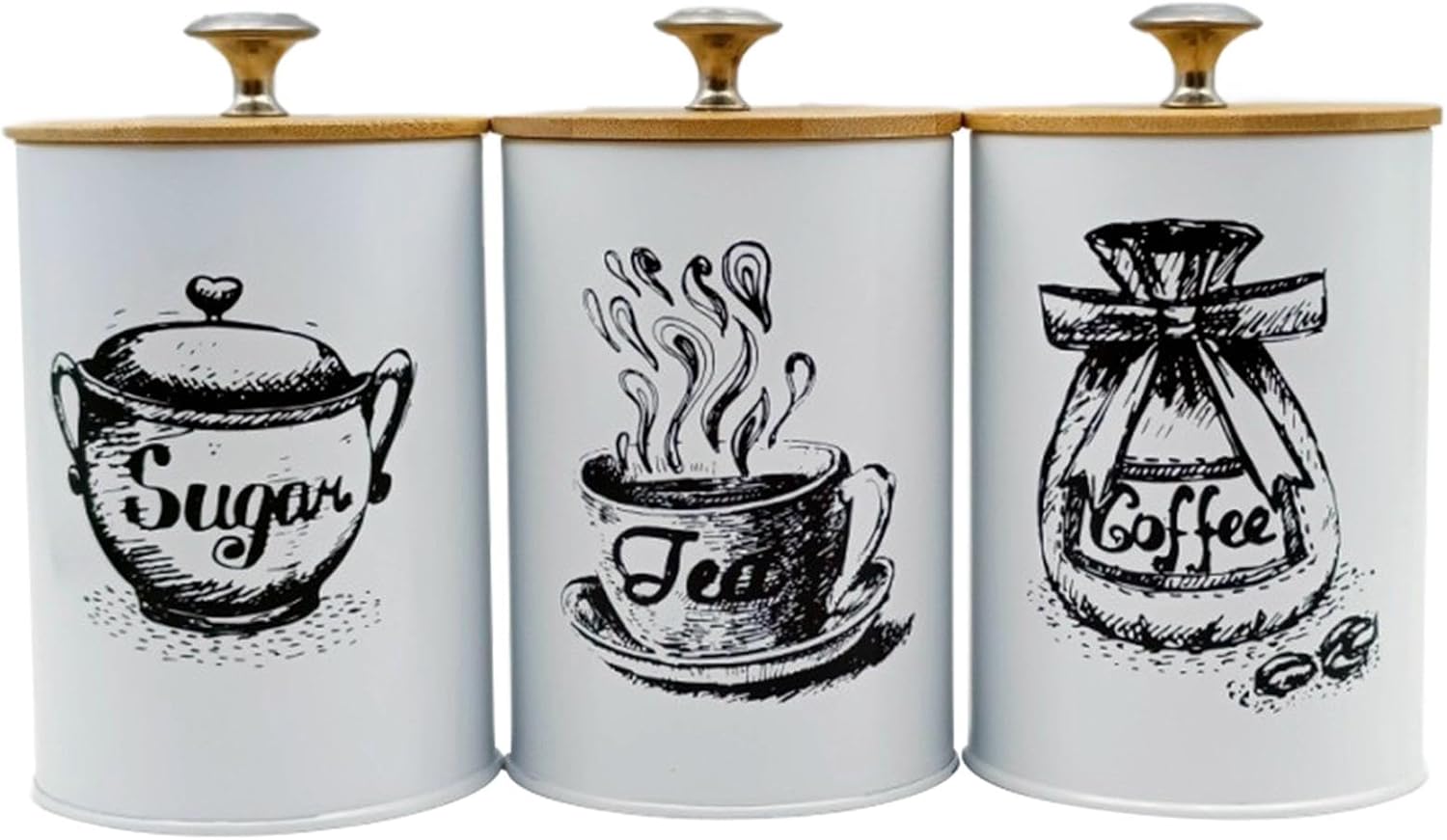 3 Pieces Kitchen Canisters Set Coffee Tea Sugar Containers Iron Farmhouse Decor Restaurants Storage Containers Airtight Lids, White