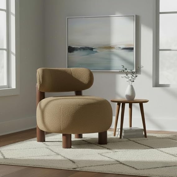 KISLOT, Modern Boucle Accent Chair, Curved Backrest, Camel