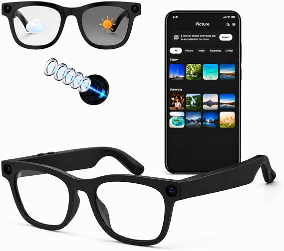 AI Smart Glasses with Camera – Photochromic Lens, Bluetooth Calling, Voice Assistant, Music Player, Translation & Video Recording (1, White)
