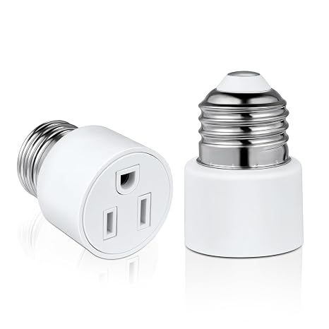 3 Prong Light Socket to Outlet Adapter, E26/E27 Screw in Light Bulb to Plug Adapter, Polarized Light Socket Converter for Porch Light, Garage Light, Camera and Light Strings(2, White)