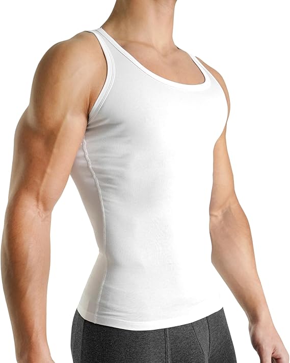 Rounderbum Mens Compression Tech Slim Fit Cotton Tank Top Posture Support & Core Shaping Undershirt, 2 Colors
