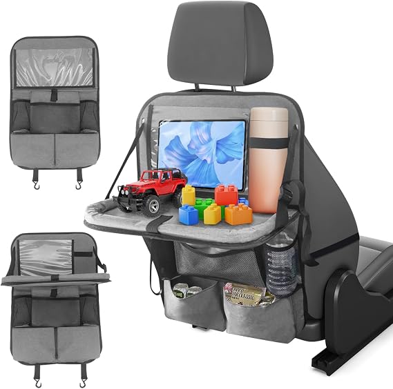 Car Seat Organiser Back Seat for Kids with Foldable Tray Table &amp; Tablet Holder - 11+2 Pockets Storage Bag with Kick Mats Protector, Multi-Functional Car Tidy Organiser for Laptop/Snack