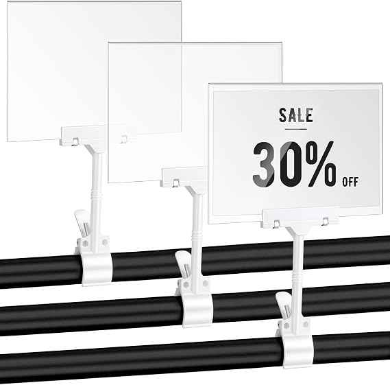 3 Pcs Acrylic Clip on Sign Holder with Clamp 5.5 x 7 Inch Retail Store Signs Displays Double Sides Swivel Signage with PVC Card Clothing Price Hanging Signage for Supermarket Business