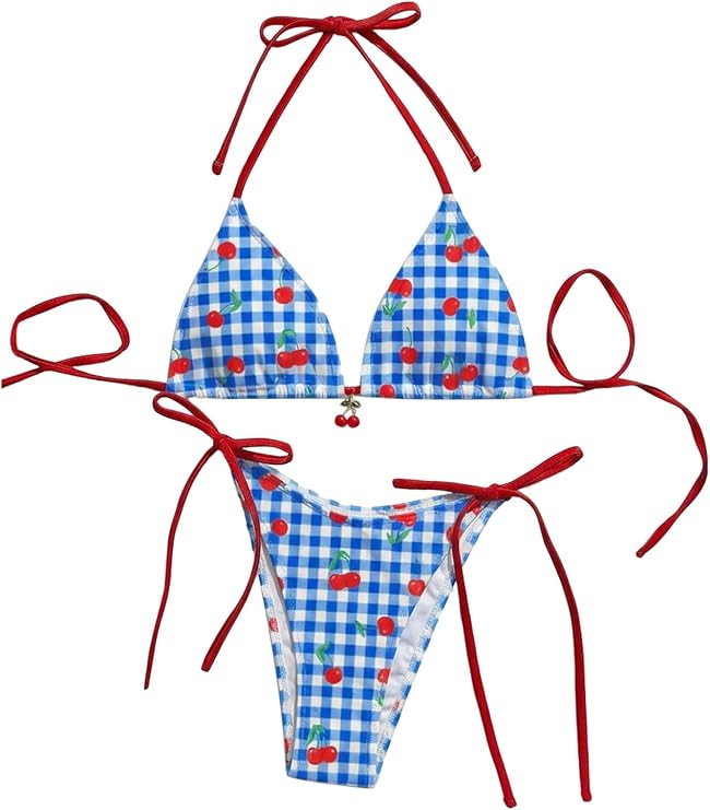 WDIRARA Women's 2 Piece Swimsuit Cherry Print Side Tie Halter Bikini Set