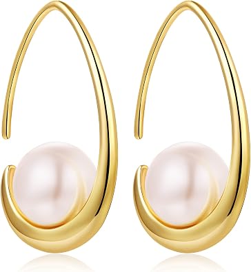 Jiamiaoi 18k White Gold Plated Pearl Earrings,925 Sterling Silver Pearl Drop Earrings for Women,Trendy Hook Jewelry