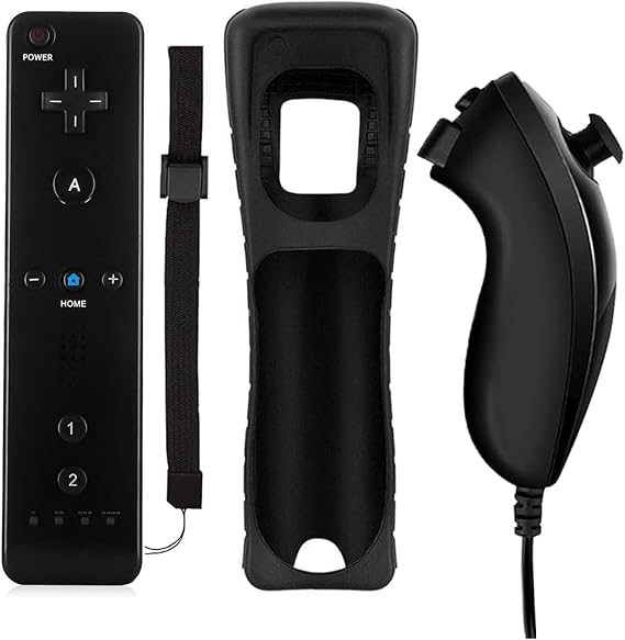 QUMOX Controller for Wii, Remote Motion Controller, Remote Control and Nunchuk, Replacement Console Compatible with Wii and Wii U with Protective Silicone Case Black