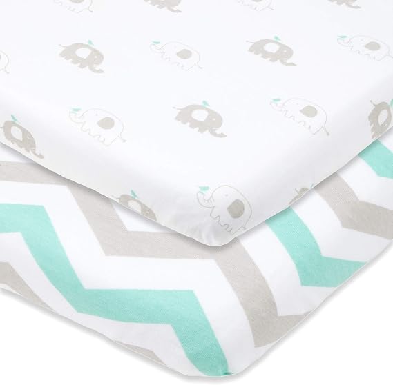 Joey + Joan Pack and Play Sheets Fitted Compatible with 4moms Breeze Plus Playard & Breeze Go Playard Fits Up to 30 x 43 Inch Mattress Without Bunching Grey, Green