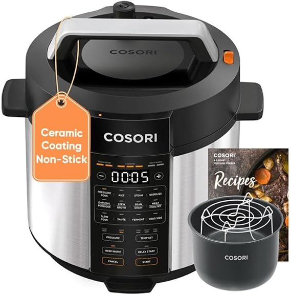 Cosori Pressure Cooker 6QT, 9-in-1, Ceramic Coating Pot, 12 Safety Features | Rice Cooker, Slow Cook, Sous Vide, Saute, Stainless Steel, 1100W, Silver