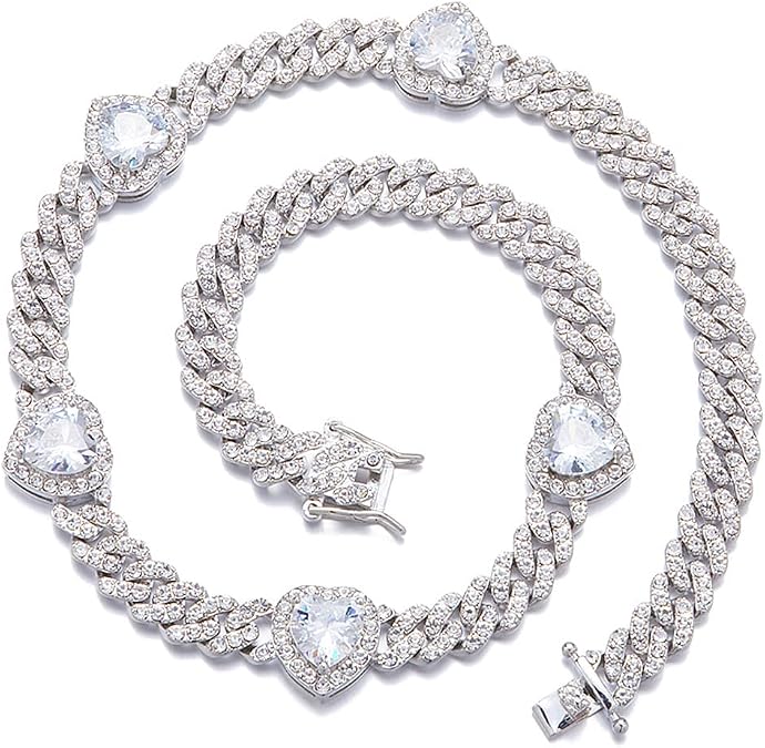 Apzzic 9mm Miami Prong Cuban Link Chain Iced Out Paved Heart Shape Rhinestones CZ Bling Rapper Necklace Bracelet For Women Girls