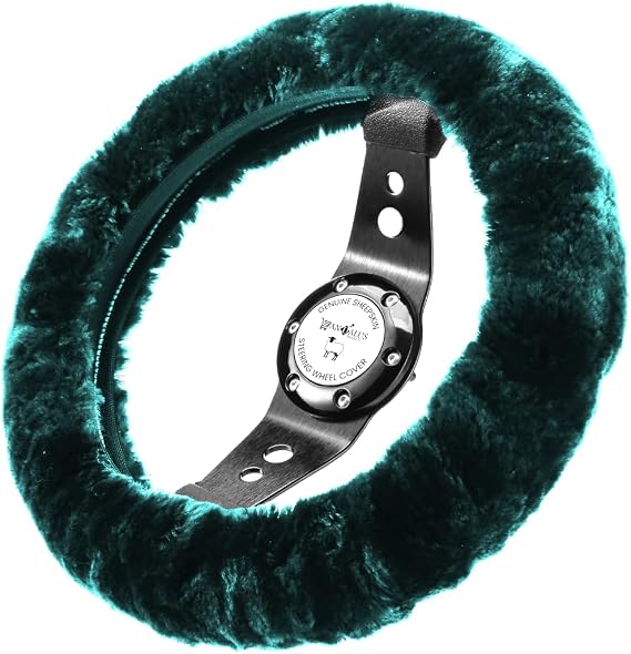 Andalus Brands Luxury Fluffy Car Steering Wheel Covers Genuine Merino Sheepskin, Soft Fuzzy Car Steering Wheel Cover for Women, Universal 14.5-15" Size, Plush Fur Cute Auto Accessories, Alpine Green