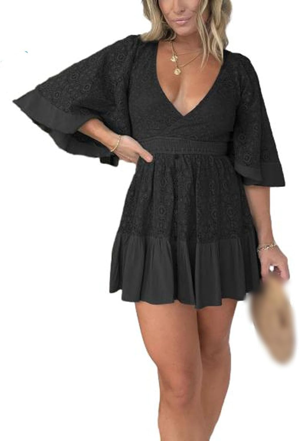 Womens Lace Crochet Romper Dress with Built-in Shorts,Lace V Neck Mini Dresses Open Back Lace Dress