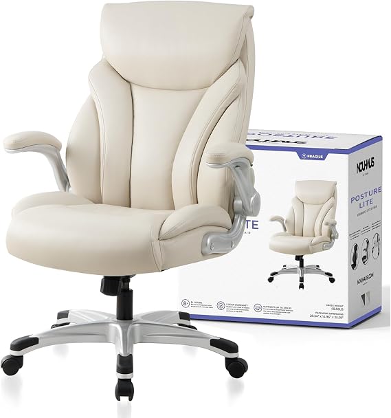 Nouhaus Big and Tall Desk Office Chair with Lumbar Support, High Back PU Leather Ergonomic Office Chair, Executive Desk Chair Computer Chairs with Adjustable Flip-up Armrests (Posture Lite,White)