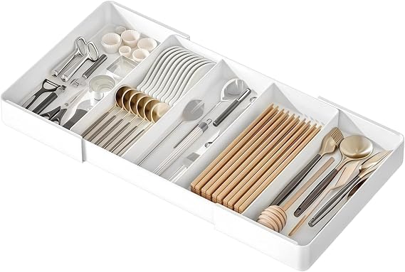 Utensil Organizer for Kitchen Drawers, Expandable Drawer Organizer Tray, Adjustable Cutlery Divider Box, ABS Plastic, 10.6–20.1 in Wide, Ideal for Kitchen Utensils, Flatware, Small Items