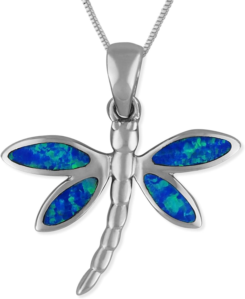 Sterling Silver Synthetic Blue Opal Dragonfly Pendant Necklace, 162 Extender