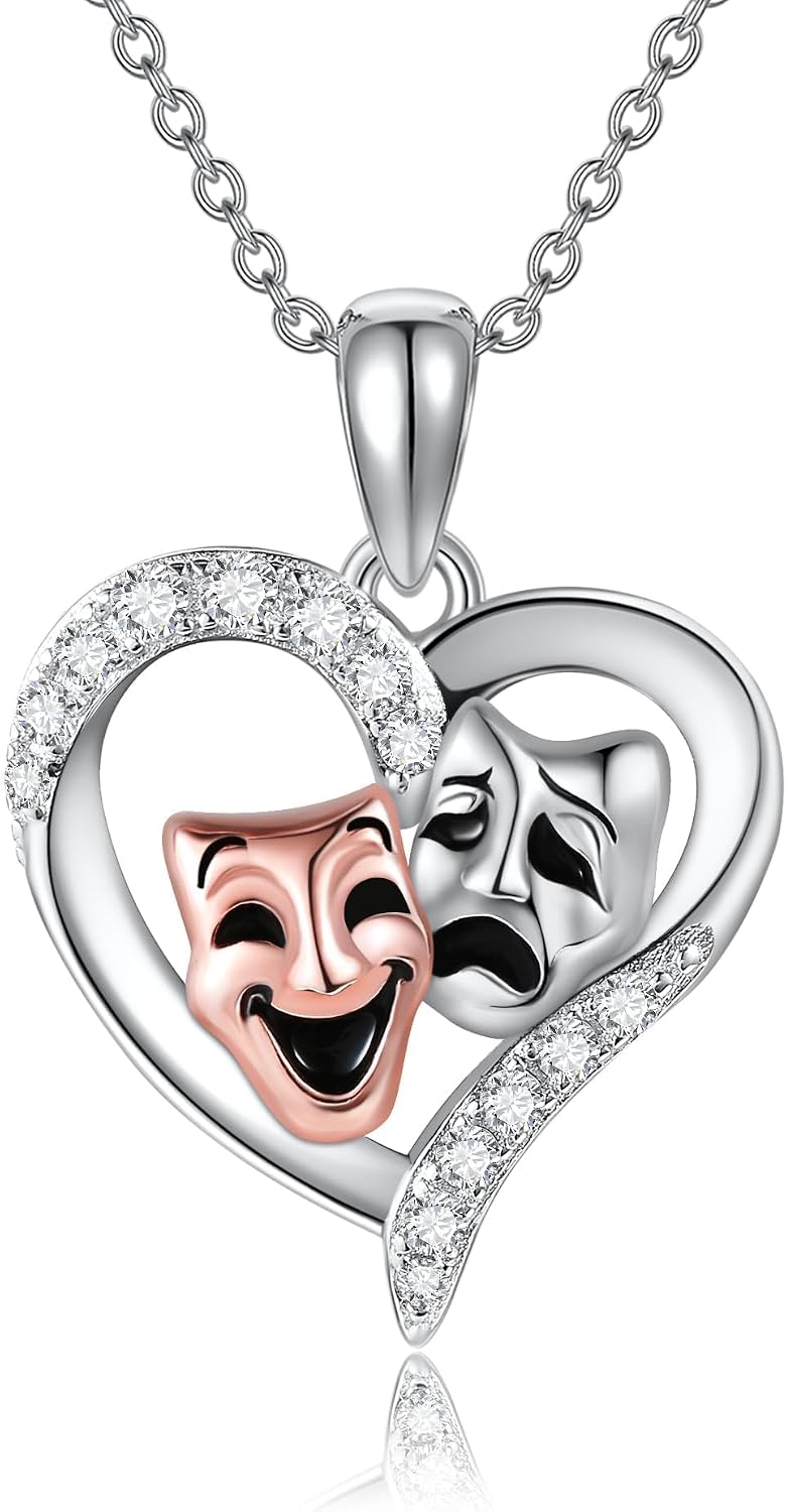 YAFEINI Comedy Tragedy Masks Necklace 925 Sterling Silver Comedy Tragedy Masks Pendant Jewelry Gifts for Women