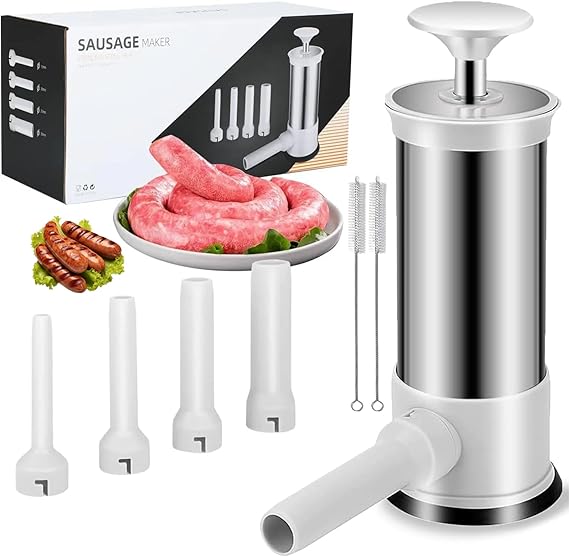 Sausage Stuffer Machine Sausage Maker with 4 Stuffing Tubes Homemade Sausage Stuffer Manual for Home Camping Outdoor Grill BBQ Household Kitchen Use (2.2lb,Stainless Steel)