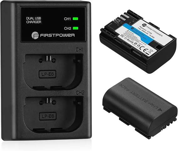 FirstPower LP-E6 LP-E6N Battery & USB Dual Charger for Canon Cameras | Compatible with Canon EOS 5D Mark II III IV, 5DS, 5DS R, 6D, 6D Mark II, 7D, 7D Mark II, R, R5, R6, R7, 60D, 70D, 80D, 90D