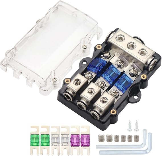 3Way Fuse Block ANL Holder Car Audio Subwoofer Amplifier Amp Fuses Box with 30A 60A 80A 100A Mini ANL Fuses 4 Gauge Wire in 8Gauge Wire Out Fuse Distribution Blocks