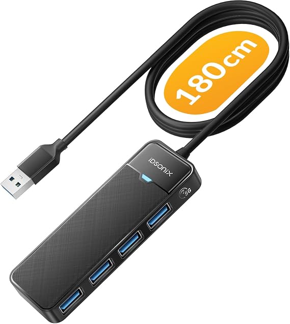 iDsonix USB 3.0 Hub w/Extended 180cm Long Cable, 4 Port USB Hub 3.0 Ultra Slim USB Splitter Multi USB Port adapter, USB Extension Hub Multiport Adapter for Laptop,PC,MacBook,USB Flash Drives, Black