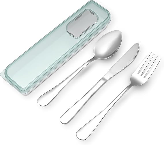 Travel Utensils with Case 4pcs Stainless Steel Knives Spoons and Forks Set Reusable Cutlery Set for Camping Picnic Hiking Office (Light green)