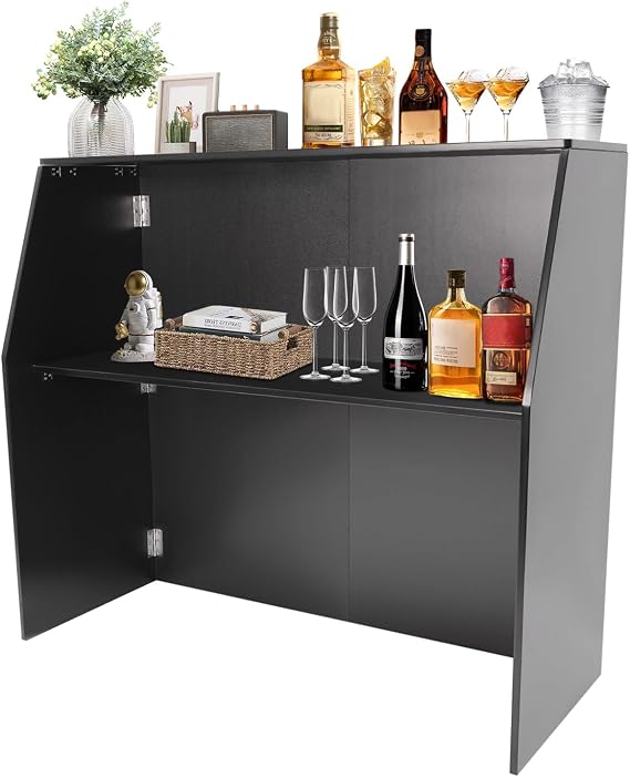 Folding Portable Bar,4' Foldable Bartender Table Mobile Bartender Station with Top and Middle Shelves Portable Bar Table for Events Parties Picnics (Black)