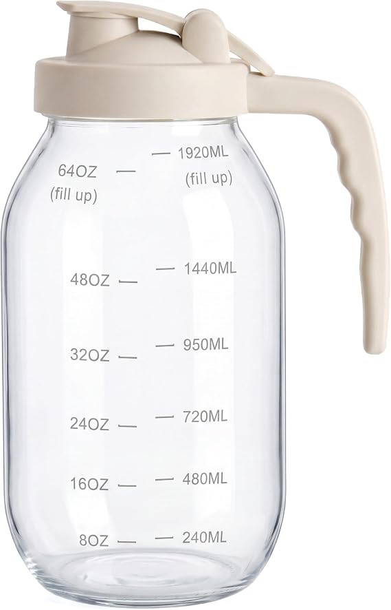 YORY 2-Quart Glass Pitcher with Filter Lid for Juice & Tea, 64oz | Airtight seal,handle lid,dishwasher safe,for iced tea, lemonade, juice, milk, fruit-infused water
