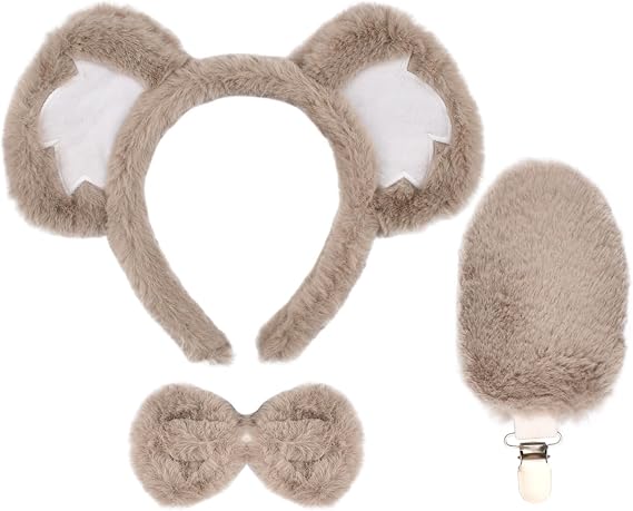 Plush Koala Costume Accessories Set, Furry Ears Headband with Tail and Bow, Gray