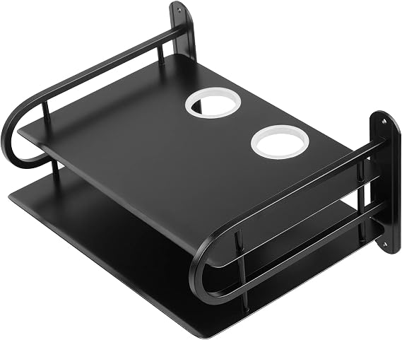 Black Metal Double Wireless WiFi Router Storage Box Wall Hanging Shelf with Cable Organizer, 2 Shelves, Large