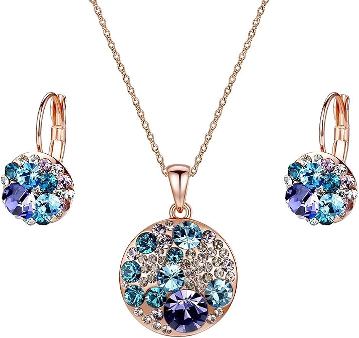 Austrian Crystal Disc Pendant Necklace and Earrings Set for Women | 14K Gold-Plated Finish, Matching Jewelry Set, Round Cluster Pendant, Leverback Drop Earrings, Wedding Guest And Dinner Wear