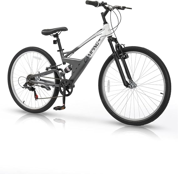 26"/27.5" Full Suspension Mountain Bike, 7 Speed Women's & Men's Mountain Bike with Unique Drag-Reducing Frame & V Brake & Ergonomic Seat & All Terrain Tire for Adults