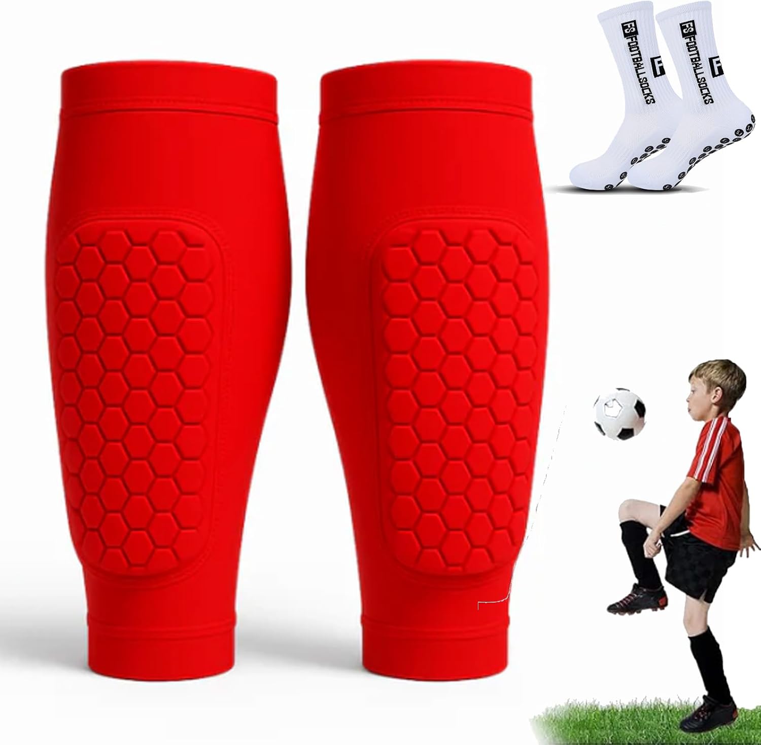 2025 New Shin Defender Shin Guards Kids, 2 Pack Calf Compression Sleeve with Honeycomb Pads, for Soccer Ski Youth Adult
