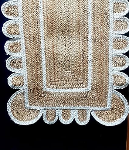 Rug Beige With White Scloop Design Border Hand Braided Home Living Room Floor Carpet Living Room Farmhouse Carpet Rag Rug (150 x 210 CM (5x7 Feet) Rectangle)