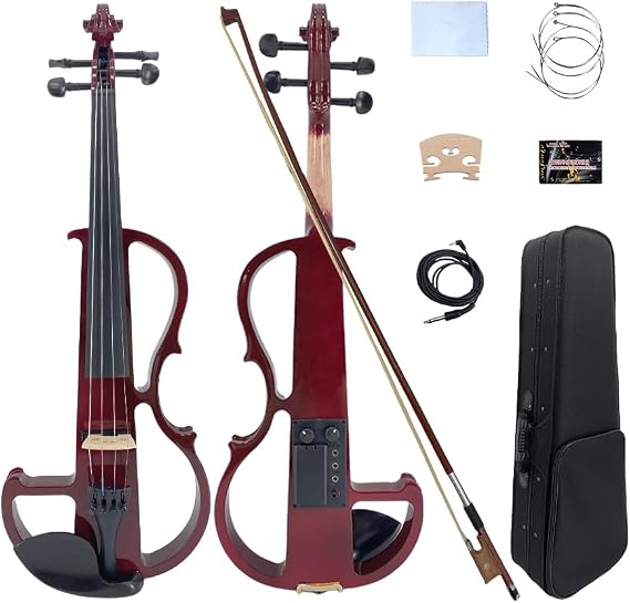 Electric Violin 4/4 Full Size Hand Carved Walnut Wood Ebony Fingerboard Pro Deluxe Hard Case Mongolian Horsehair Bow Featuring 4 Strings Silent Practice Sessions Beginner to Pro (red)