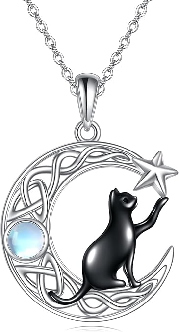 TIGER RIDER Moon Cat Necklace for Women 925 Sterling Silver Black Cat Moonstone Celtic Knot Jewelry Birthday Gifts for Women Wife Daughter