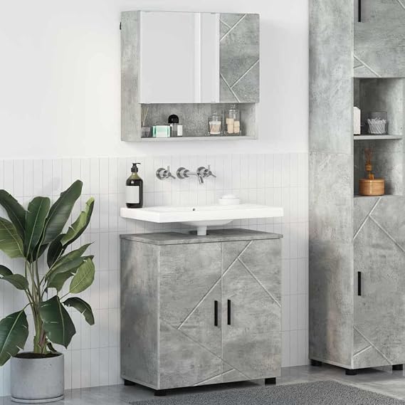 Wall-Mounted Bathroom Vanity Units with Basin 61 x 35 x 64 cm Concrete Grey Modern Engineered-Wood Sink Cabinet Set Compact Storage Cloakroom and Ensuite