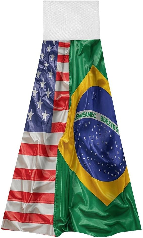 2 Pack Kitchen Towels with Hanging Loop Super Soft & Absorbent American And Brazilian Flags Hand Tie Towels Decorative Cleaning Tea Washcloth Quick-Dry Dish Towel for Bathroom Laundry Gym 19.1x12.6
