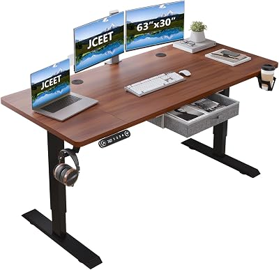 Electric Standing Desk with Drawer, 63x30 Inches Adjustable Height Sit Stand Up Desk with 4 Splice Boards, Home Office Desk Computer Workstation with Dark Walnut TopBlack Frame