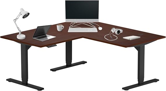 Stand Up Height Adjustable Electric Standing Desk - L Shaped 60" x 60" with 3 Stages, Executive Rising Table Workstation - Black Frame, Dark Cherry Top