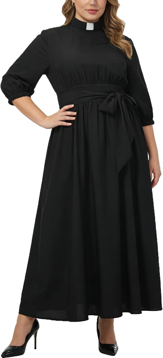 Church Dresses for Women Elegance Audrey Hepburn Style Tab Collar 3/4 Puff Sleeve Swing Maxi Dress with Long Belt