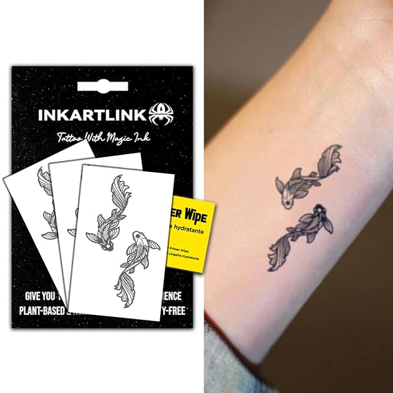 INKARTLINK 3 Sheets Goldfish Temporary Tattoos, Realistic Waterproof | Semi Permanent Tattoo, Body Stickers for Women & Men, Last 7-15 Days, Party Favors, Non-reflective, Exquisite Packaging